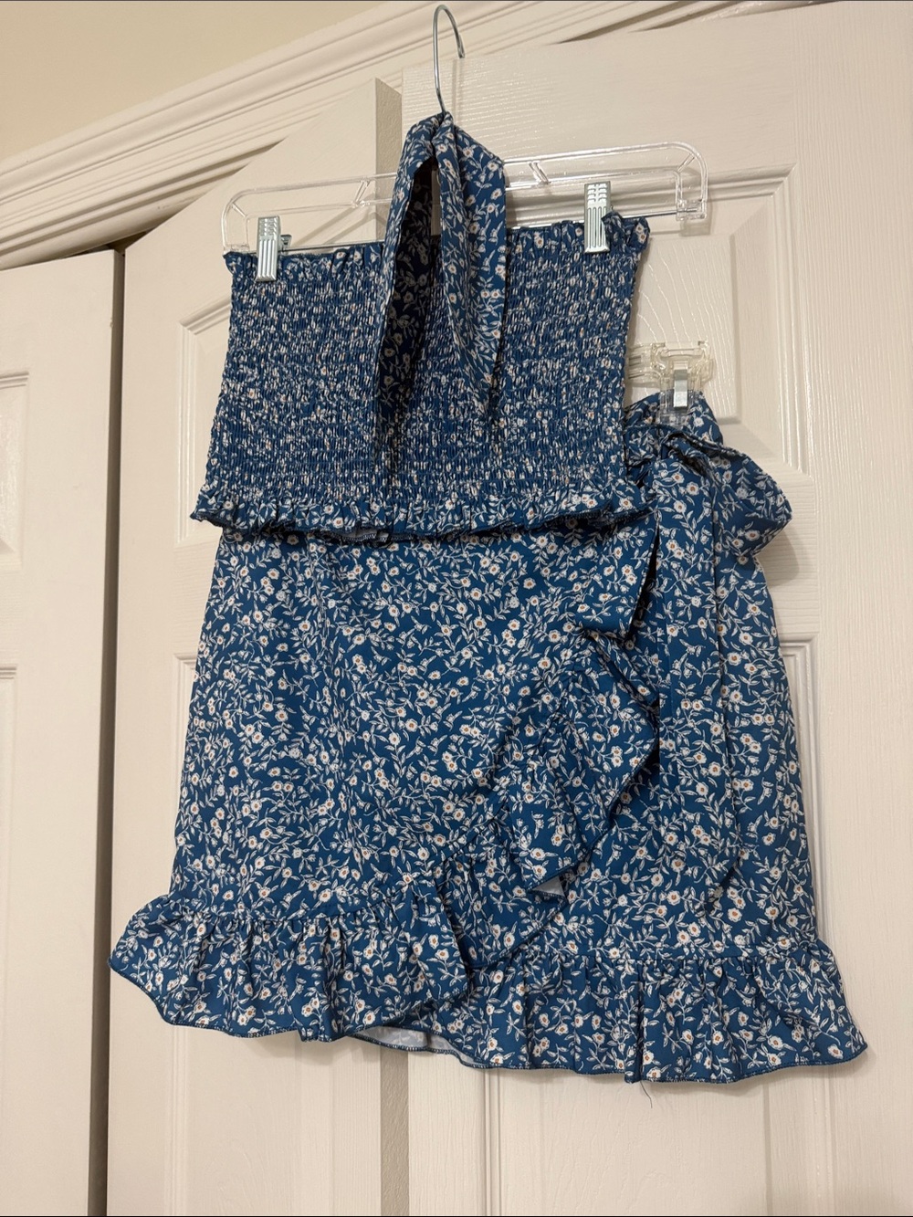 Blue Floral Ruffle Dress with Smocked Bodice